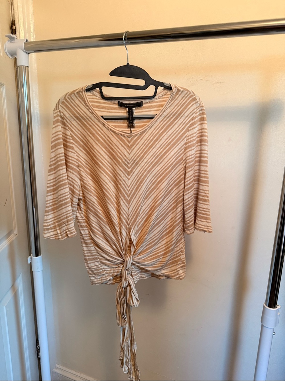BCBGMaxAzria Striped Tie-Front Short Sleeve Top - Beige & White
